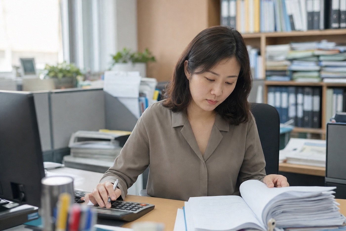 사무실에서 급여 자료를 정리하는 담당자