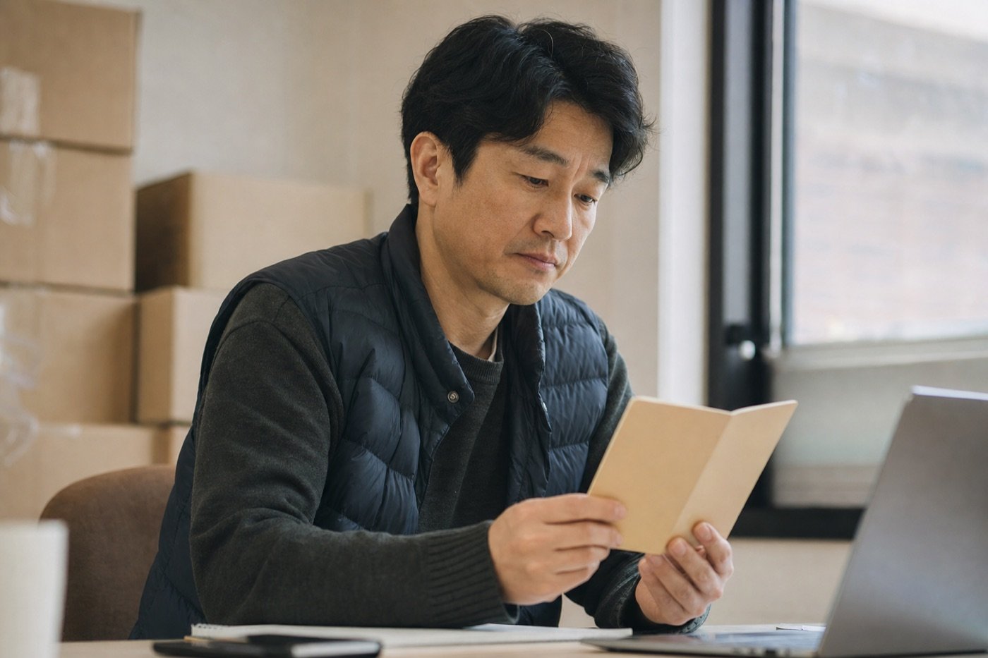 사무실에서 통장을 확인하는 개인사업자