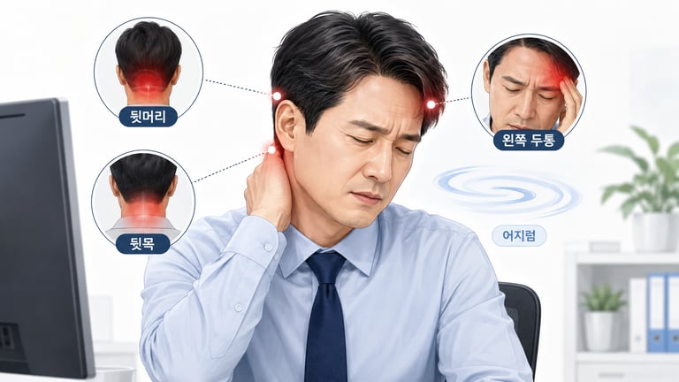 뒷목·뒷머리·왼쪽 관자놀이 통증 부위와 어지럼을 표시한 40대 남성 일러스트