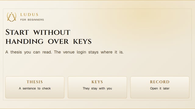 Parchment share card titled Start without handing over keys, with tablets for a thesis, keys that stay with you, and a record.