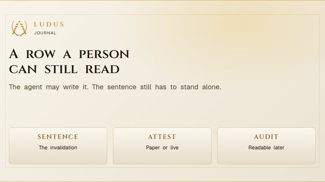 Parchment share card titled A row a person can still read, with tablets for a sentence, an attestation, and a later audit.