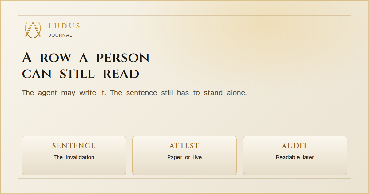 Parchment share card titled A row a person can still read, with tablets for a sentence, an attestation, and a later audit.