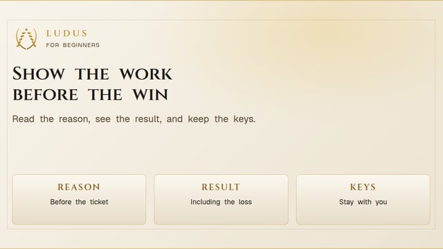 Parchment share card titled Show the work before the win, with tablets for the reason, the result, and the keys.