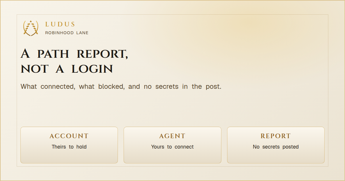 Parchment share card titled A path report, not a login, with tablets for the account, the agent, and a Ludus note.