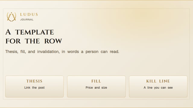 Parchment share card titled A template for the row, with tablets for the thesis link, the fill, and the kill line.