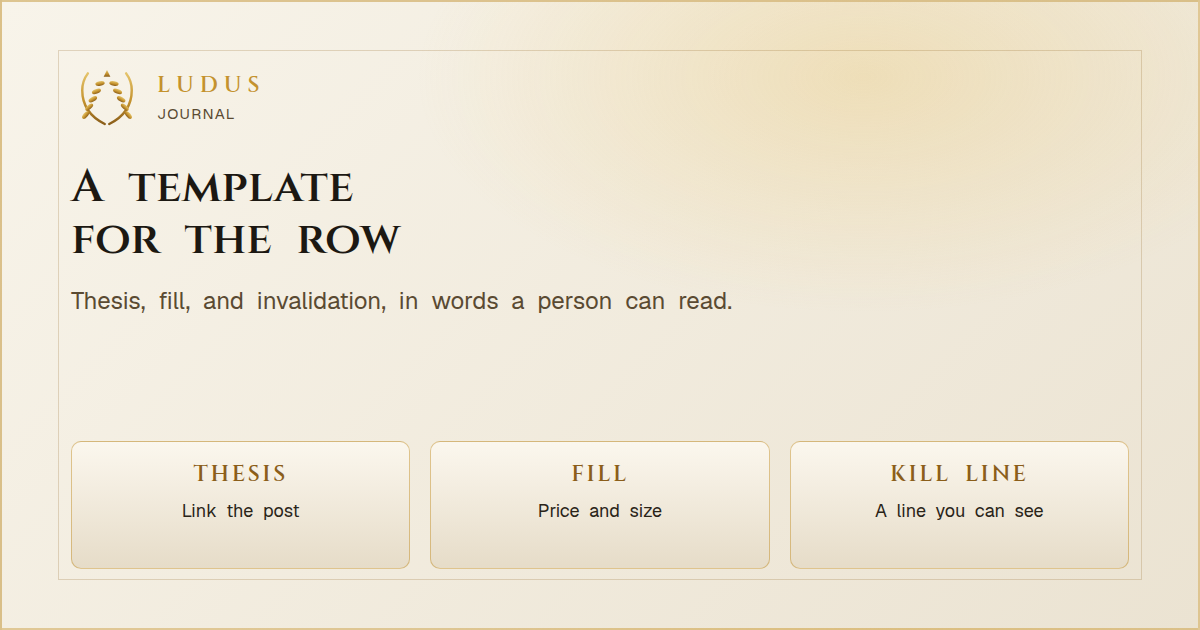 Parchment share card titled A template for the row, with tablets for the thesis link, the fill, and the kill line.