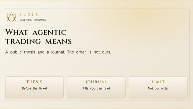 Parchment share card titled What agentic trading means, with tablets for a thesis, a journal, and no order placement.