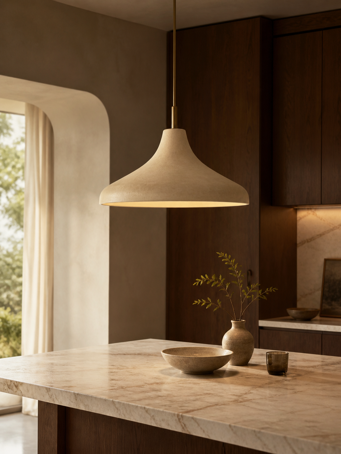 A pendant lamp suspended over a marble countertop