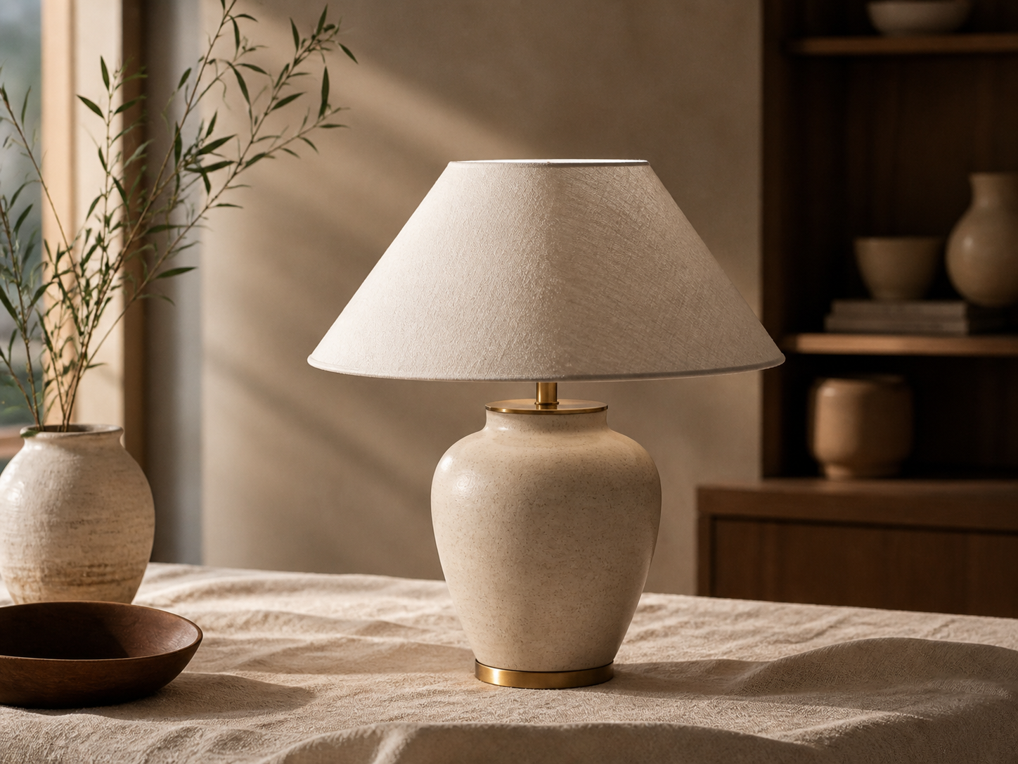 A finished lamp resting on a linen-draped table