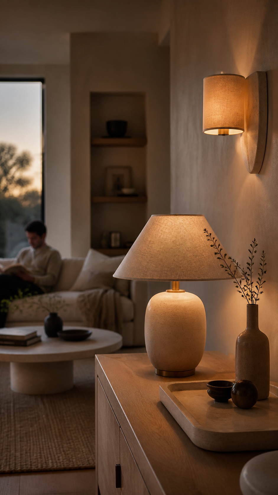 Quiet interior with a floor lamp arching over a boucle armchair, soft afternoon light through linen curtains