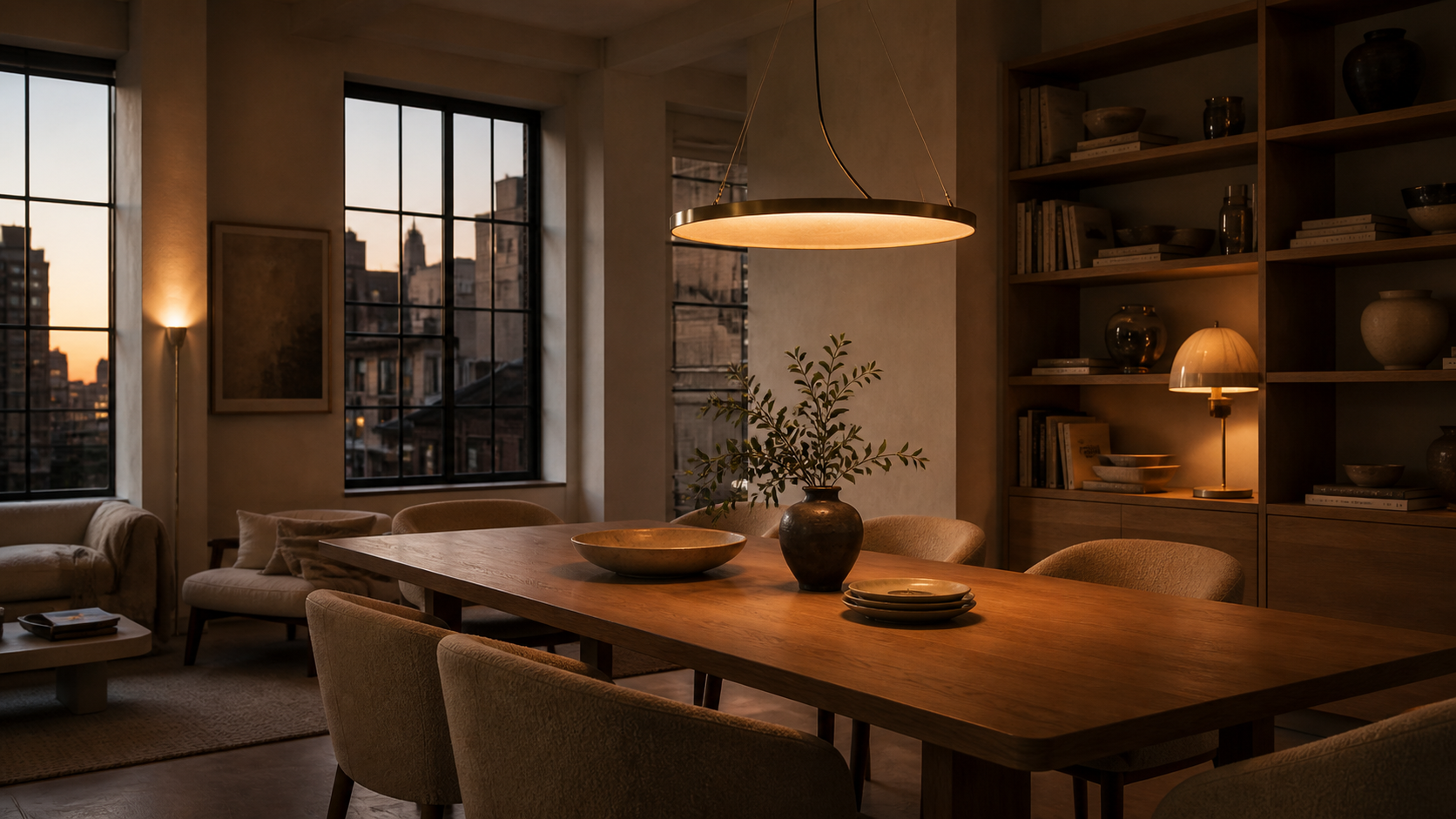 Quiet apartment dining area with brushed brass pendant lamp over an oak table, late afternoon light
