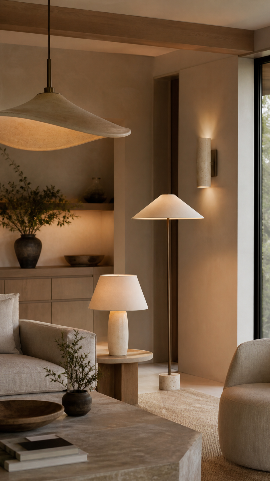 Brushed brass pendant lamp glowing softly above a warm beige interior with linen curtains