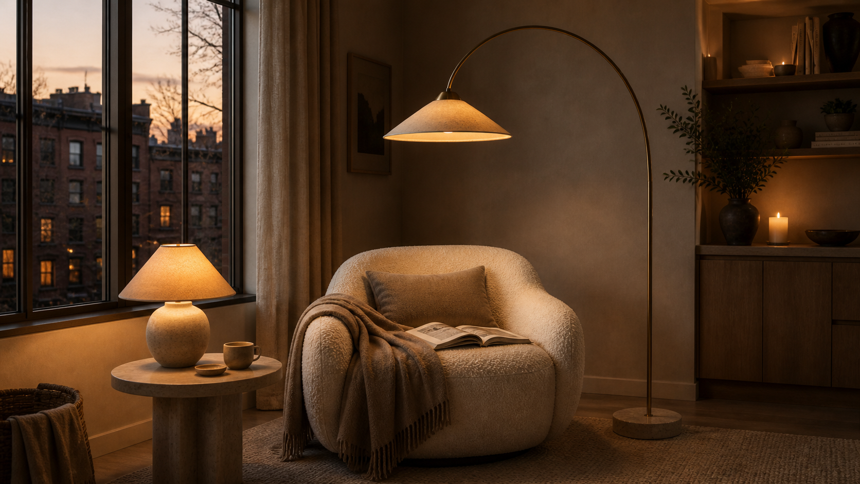 A boucle armchair in a sunlit Brooklyn reading nook with an arc floor lamp and a ceramic table lamp