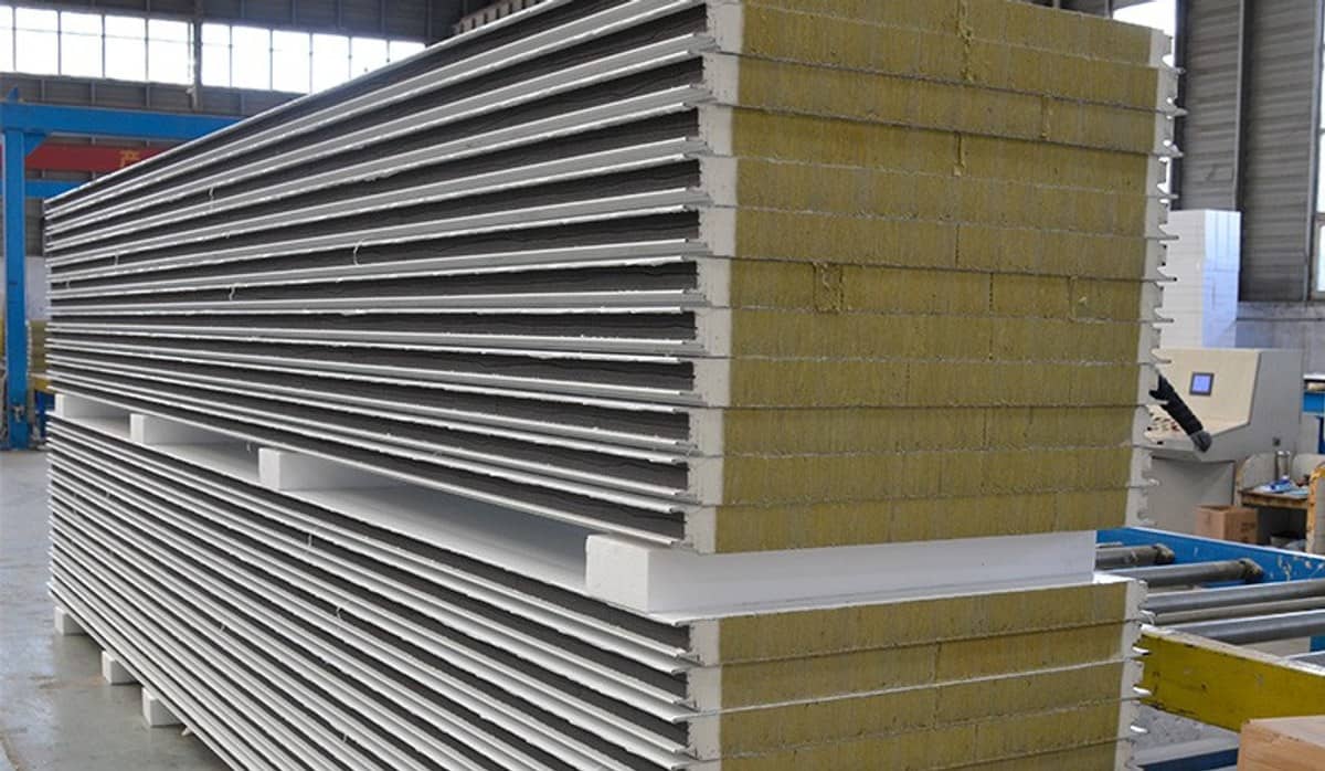 Rock wool sandwich panel product stack with visible mineral wool core