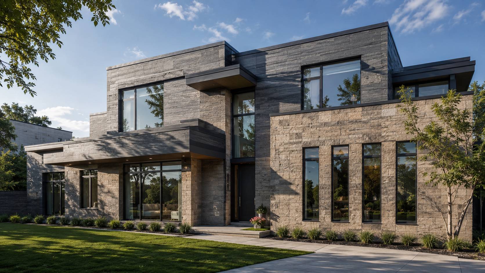 Grey stone-look metal siding finish