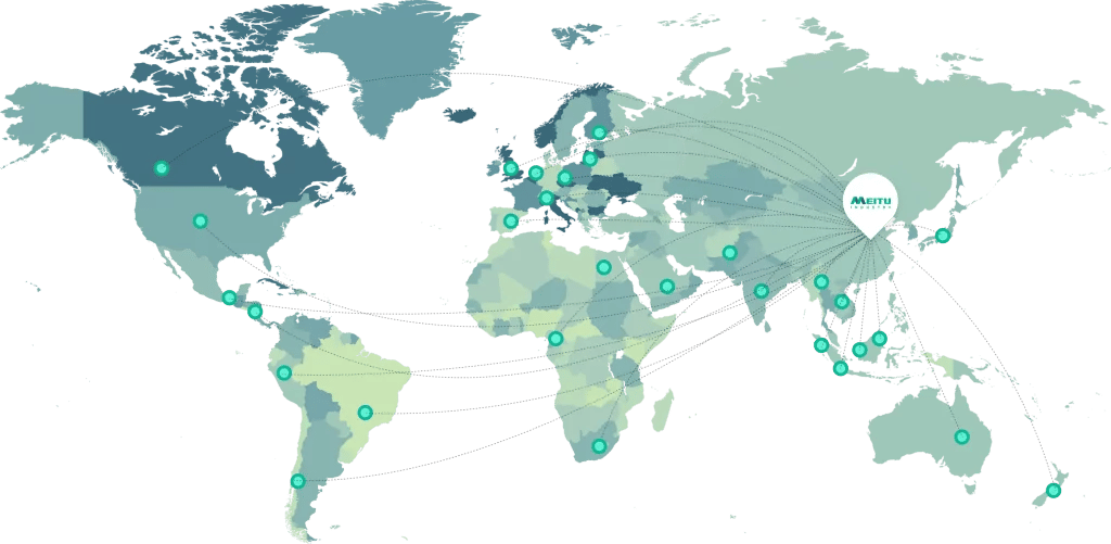 World map showing Meitu Industry export routes from Zhongshan, China to destination markets across the Americas, Europe, Africa, Asia, and Oceania
