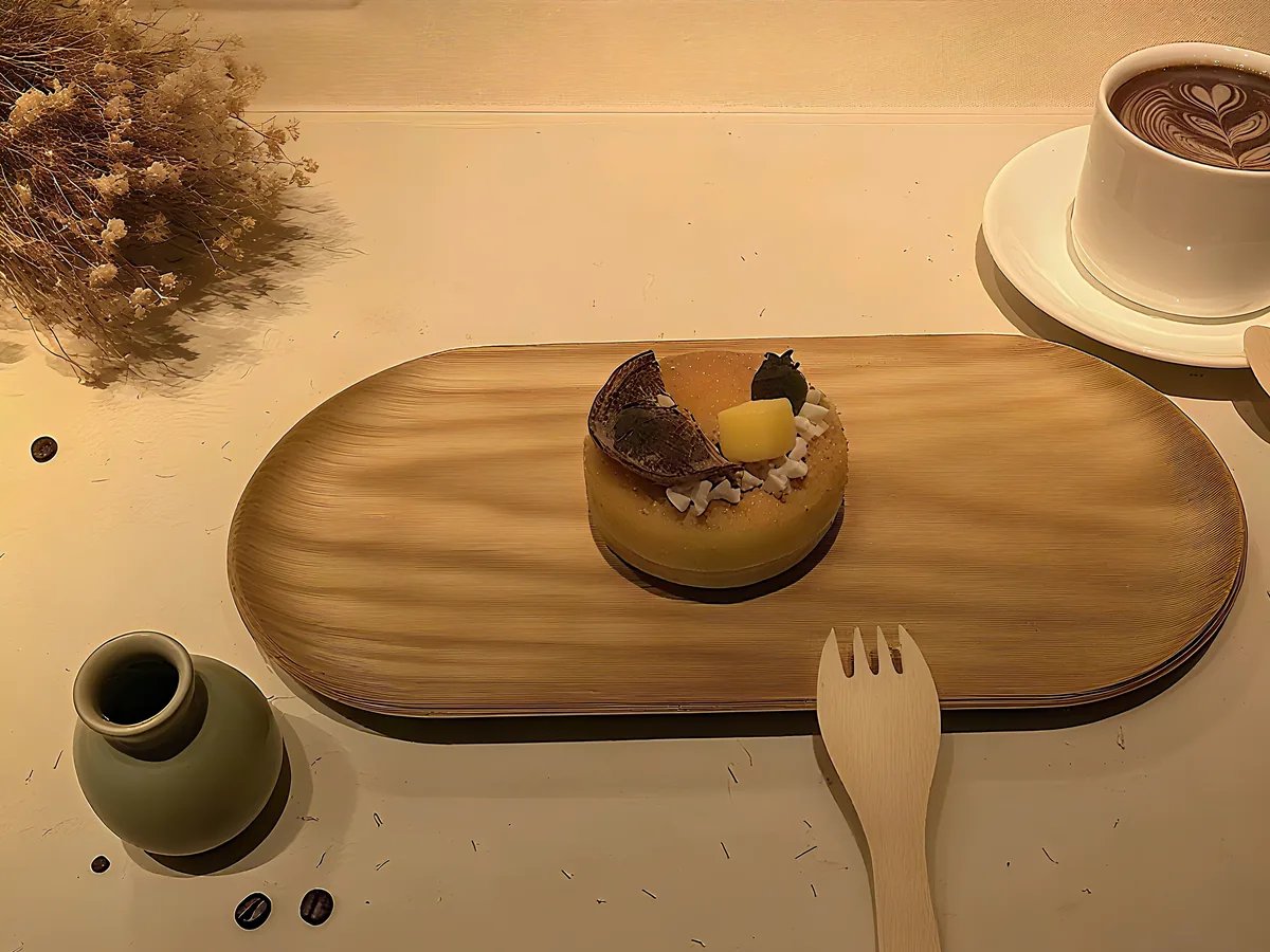 Bamboo dessert fork presented with a café pastry and coffee