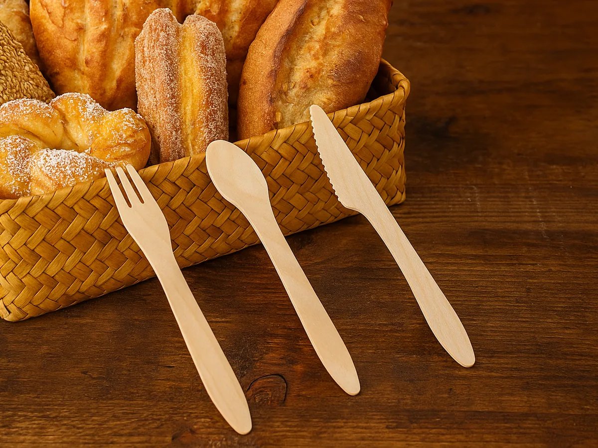 Wood knife, fork, and spoon presented with bakery and dessert products
