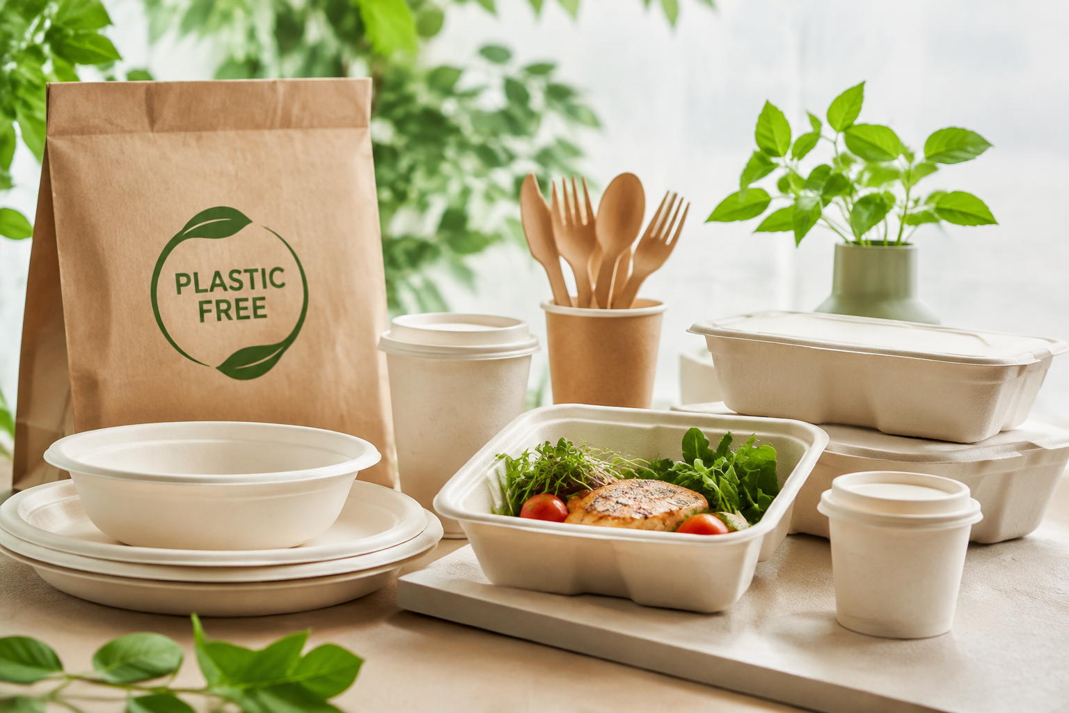 Plastic-free disposable tableware, cups, containers, and cutlery arranged with sustainable packaging