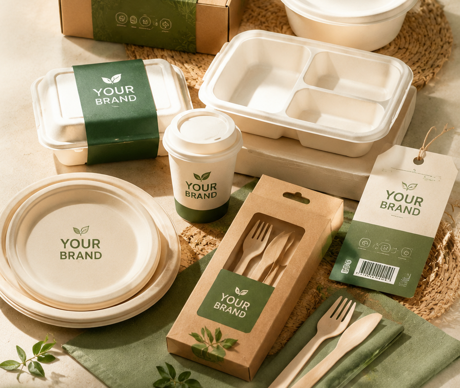 Private-label tableware, food containers, cups, cutlery, and packaging with coordinated brand graphics
