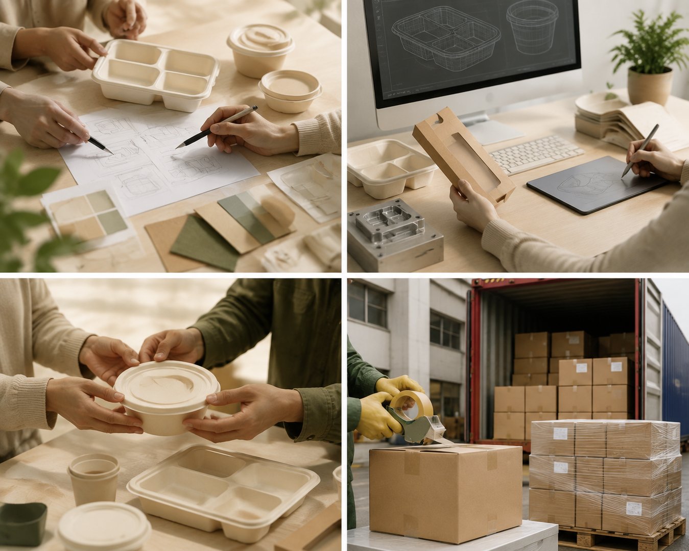 Four-stage OEM and ODM workflow covering design, tooling, sample approval, and bulk shipment