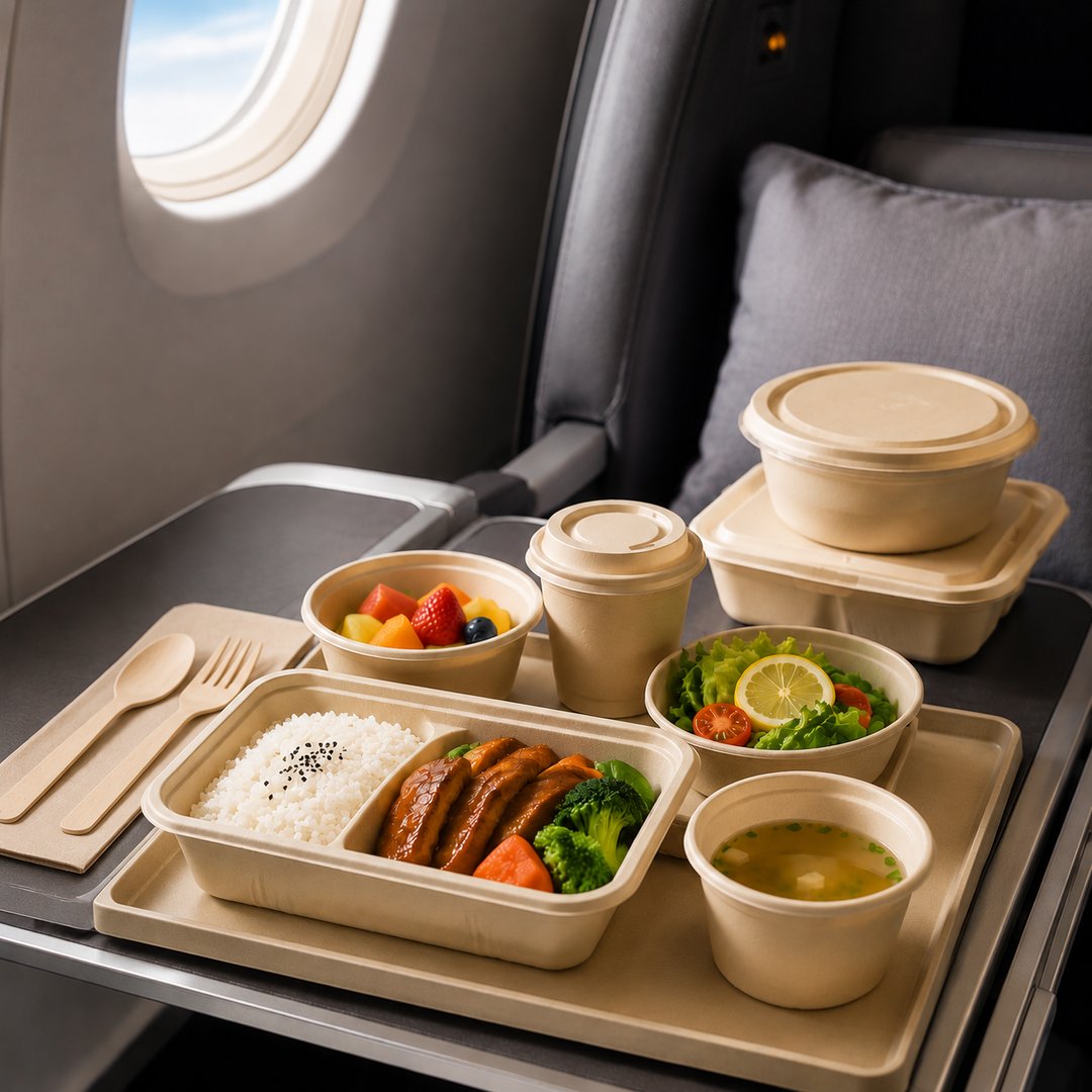 Disposable meal trays, bowls, cups, and cutlery arranged for airline hospitality service