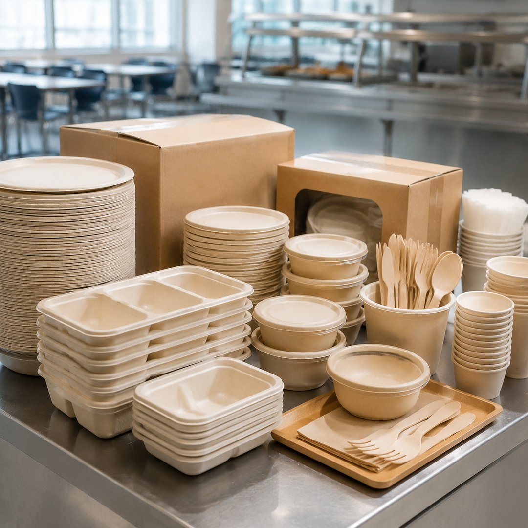 Bulk stacks of foodservice plates, trays, bowls, cups, containers, and cutlery in an institutional kitchen