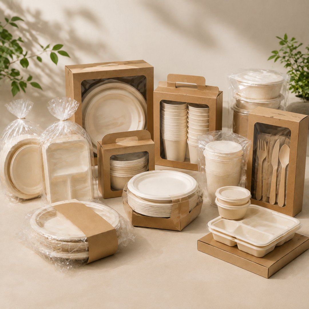 Retail-ready tableware packs, cups, containers, plates, and cutlery in coordinated kraft packaging