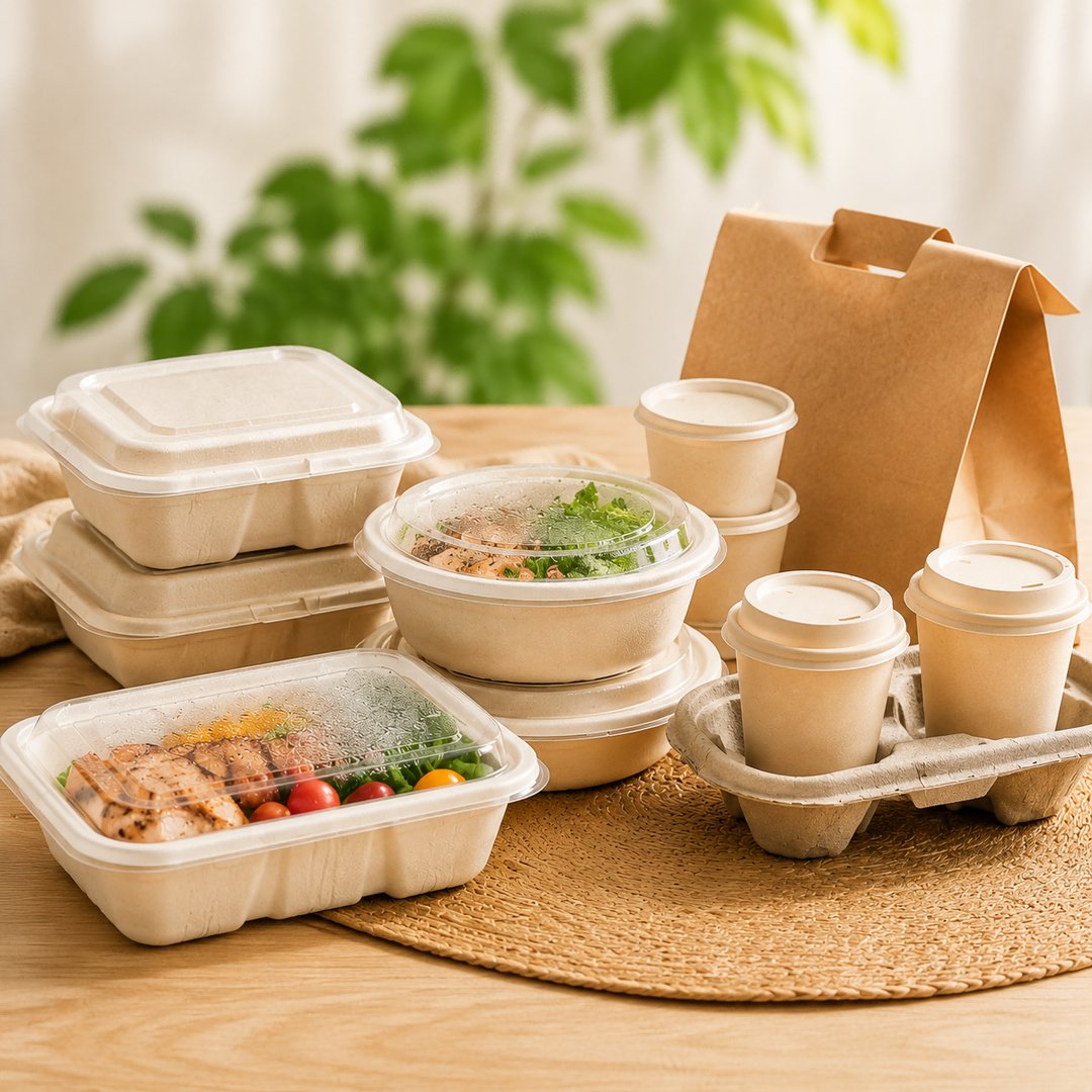Bagasse takeaway containers, drink cups, and a kraft carrier arranged for delivery service
