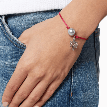 Dark-Pink Thread & White Gold Charm Bracelet with Tahitian Pearl