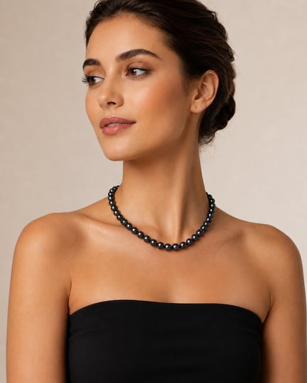 Model wearing a pearl necklace