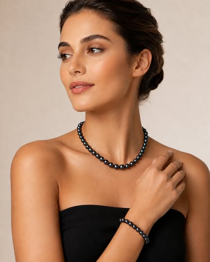 Model wearing a pearl necklace and bracelet