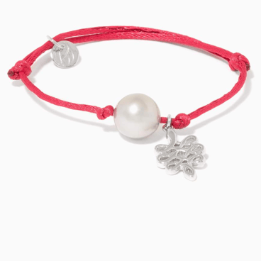 Dark-Pink Thread & White Gold Charm Bracelet with Tahitian Pearl