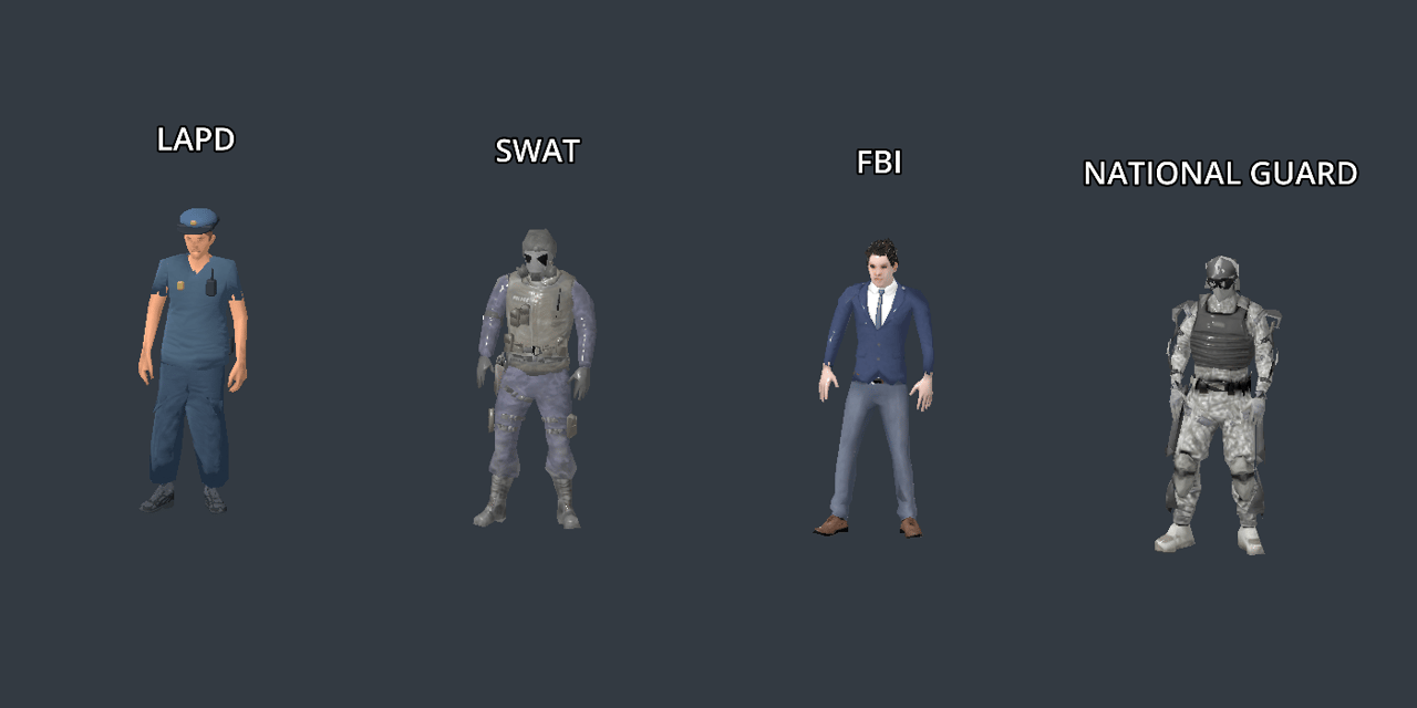 The four police tiers side by side: LAPD officer, SWAT, FBI agent and National Guard