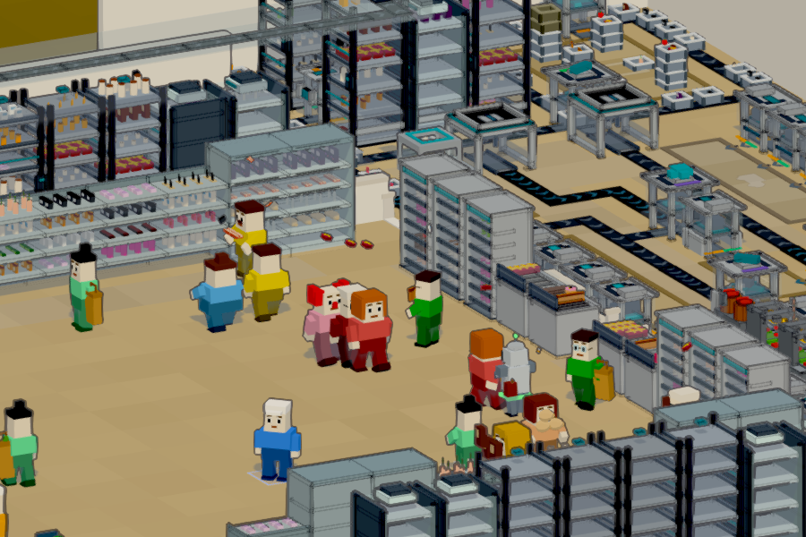 Sprocket & Stock gameplay: a busy robot-run shop floor with shelves, conveyors and customers