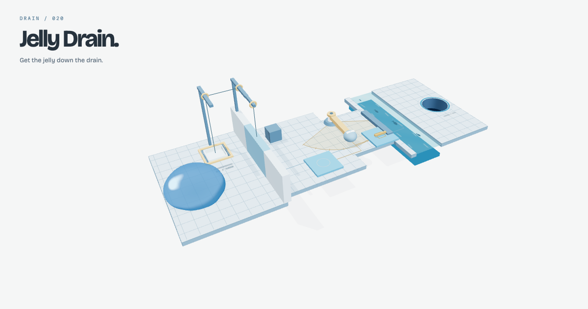 A blue jelly blob on a grid table beside pulleys, a sliding block and a river bridge