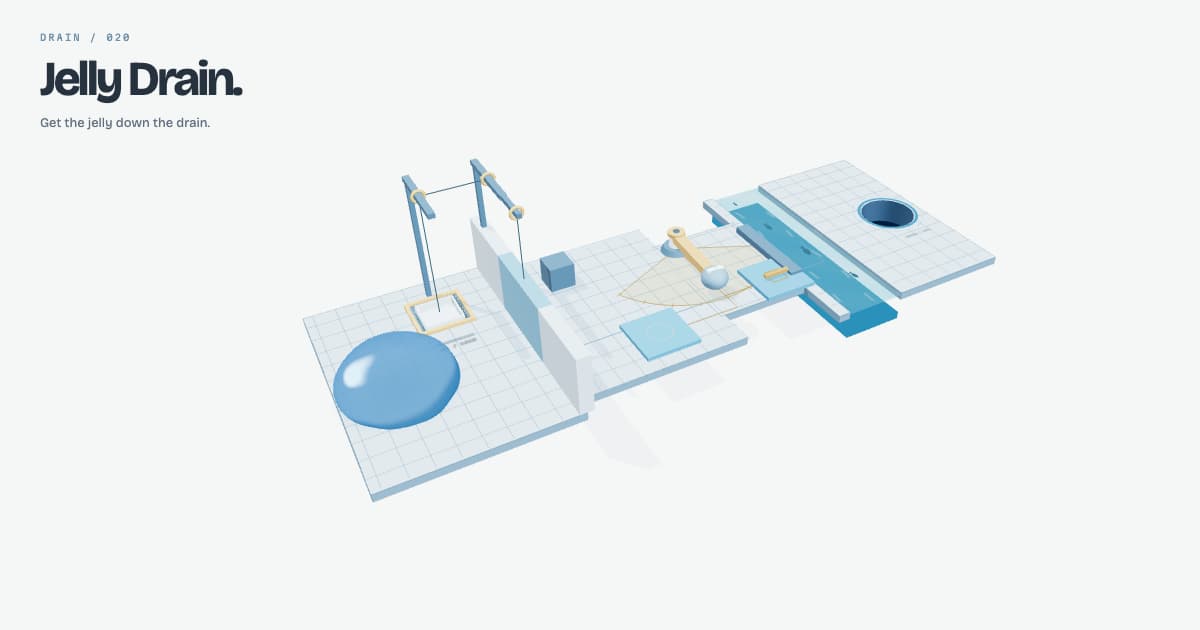 A blue jelly blob on a grid table beside pulleys, a sliding block and a river bridge