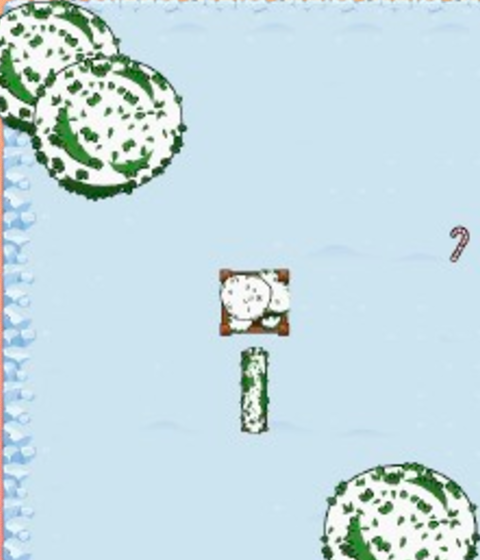 Snowball Fight gameplay: a snowy arena with snow-covered bushes and a snow fort