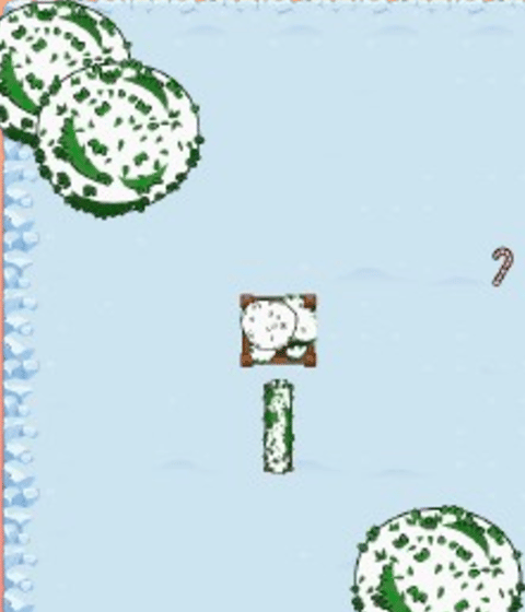 Snowball Fight gameplay: a snowy arena with snow-covered bushes and a snow fort