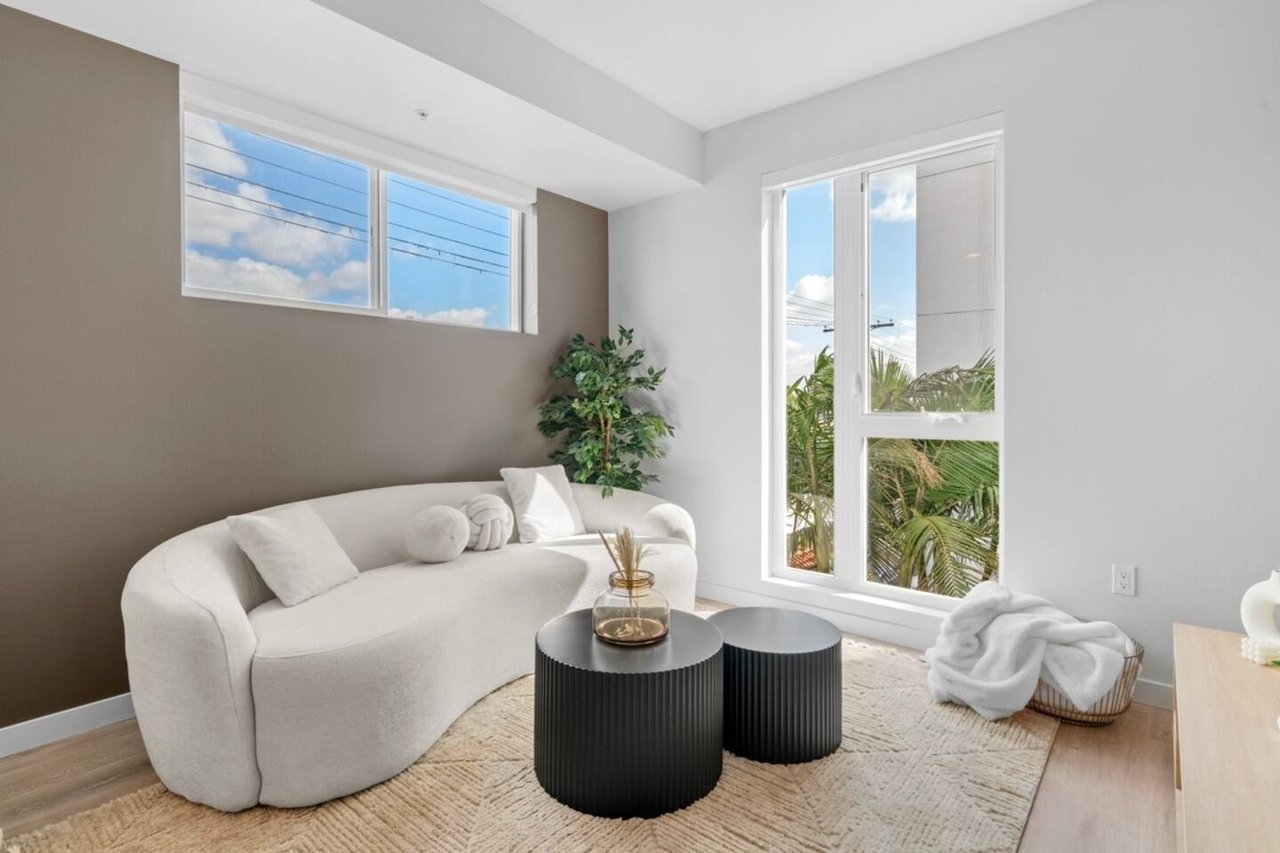 Sunlit furnished living room in a Los Angeles apartment