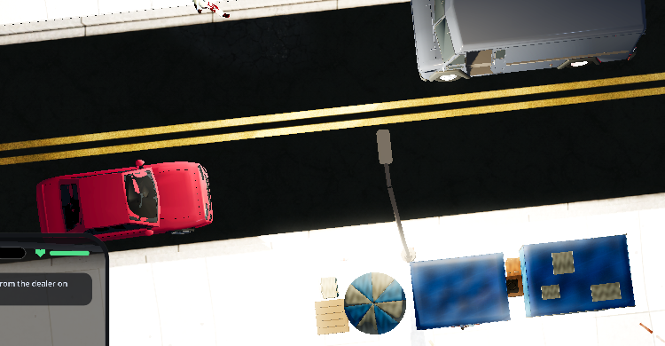 Skid Road gameplay: overhead view of a downtown LA street at dusk with a red car and a box truck