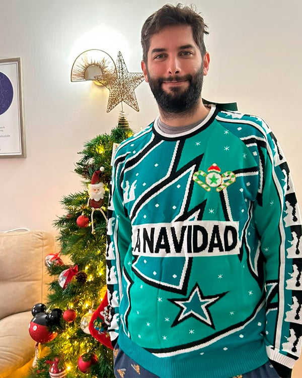 Customer wearing a Christmas Jumper