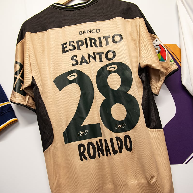 Original match-worn Sporting CP shirt, back showing Ronaldo name and number 28