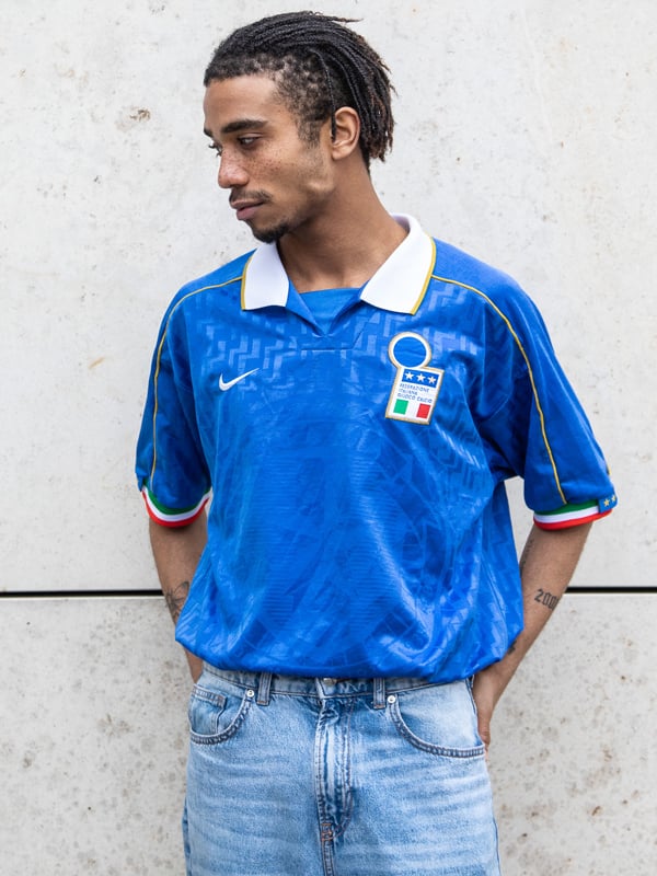 A vintage green and white away shirt