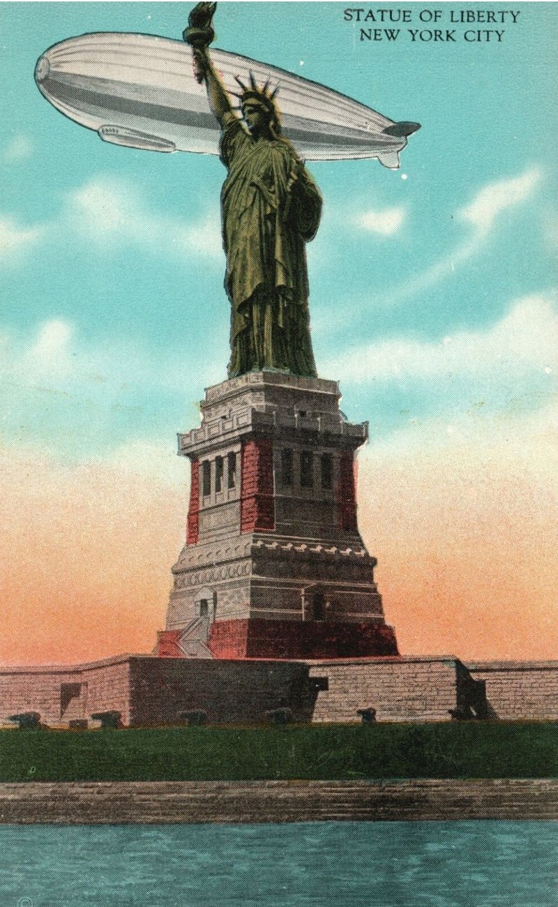 Statue of Liberty and Blimp postcard
