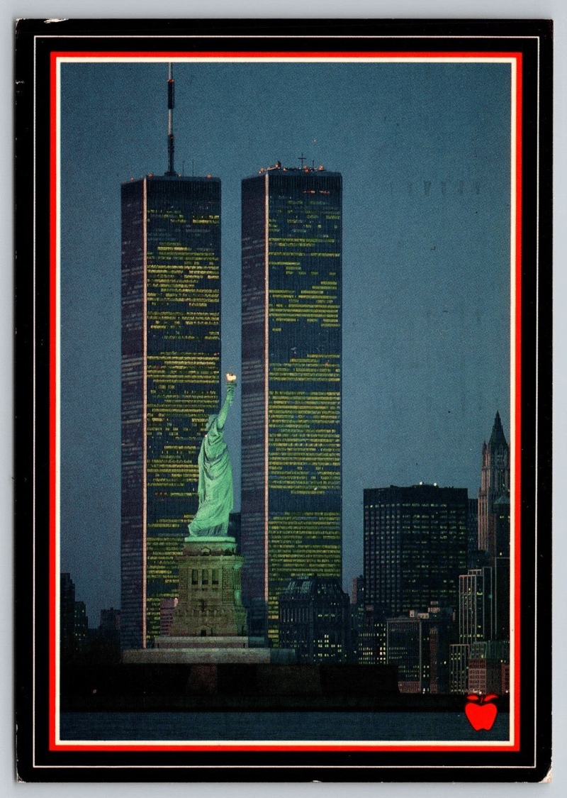 Statue of Liberty chrome postcard with WTC