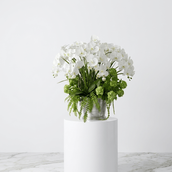 Artificial White Orchid Arrangement In Silver Champagne Cooler With Handles