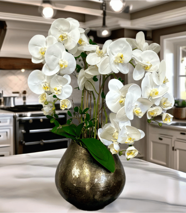 White orchids in a bronze vase