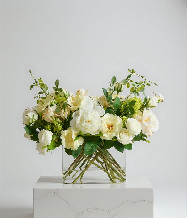 White and cream faux flower arrangement with greenery in a clear glass rectangular vase on a marble pedestal.