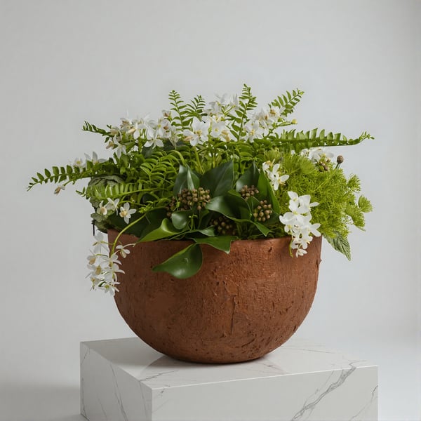 Large planter faux plants